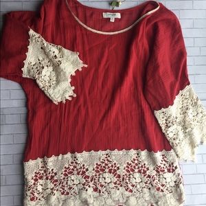 Boho Red Tunic with Floral Lace Trim Size M